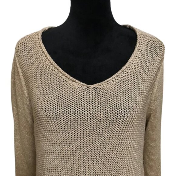 Women's Chico's Gold Open Knit V-Neck Long Sleeve Sweater Size 2 - Picture 2 of 10